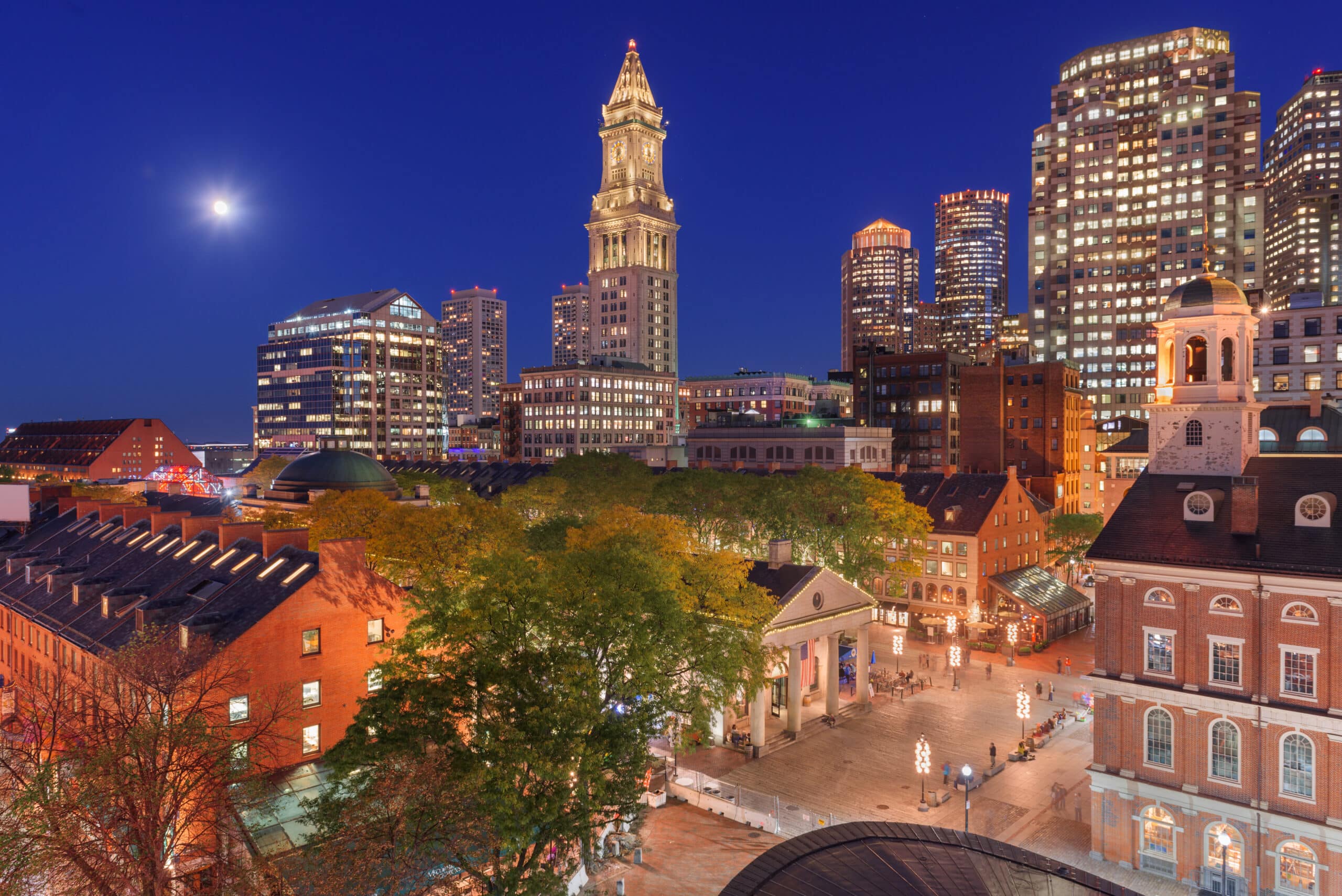 Boston, Massachusetts, USA skyline with Faneuil Hall and Quincy